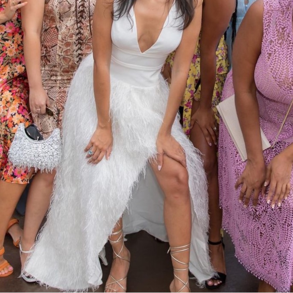 bcbg white feather asymmetric dress